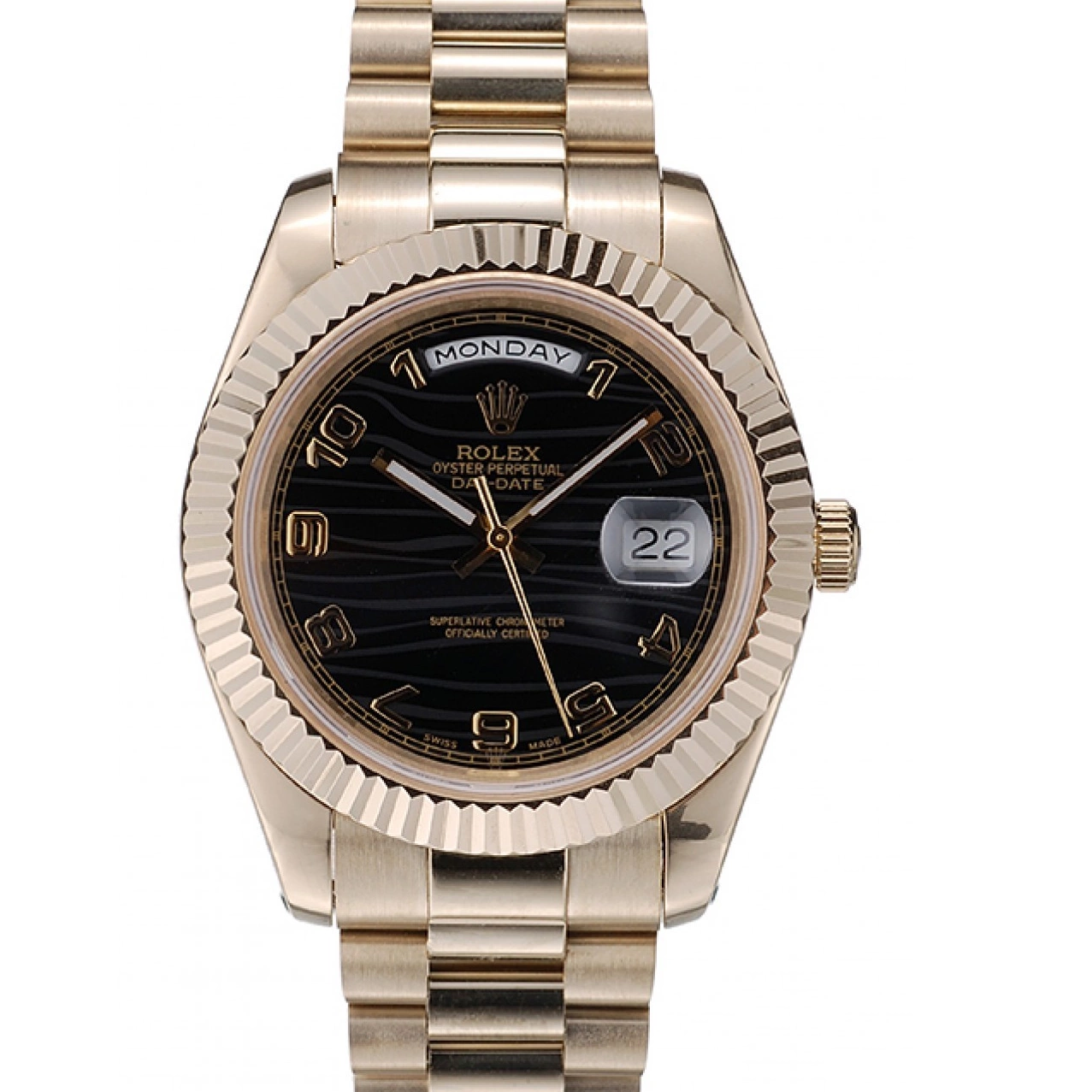MiroTime 0725 Rolex Swiss DayDate Gold Stainless Steel Ribbed Bezel Black Dial 41998